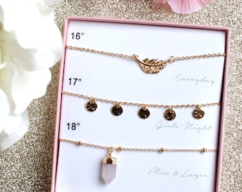 Gold Plated Layered Necklace Set: Leaf, Gemstone, Dainty Gift