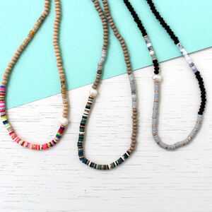 fresh pearl gemstone surfer heishi beads necklace. rainbow heishi beads necklace. beach surfer boho ethnic beaded necklace