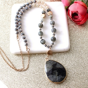 Long Necklace Natural Gemstone Pendant Necklace/Long Layering Gemstone beads Statement Necklace/Boho Teardrop beaded Necklace/ Gift for her