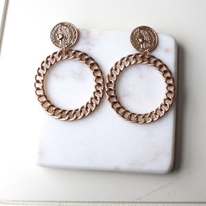 Gold medallion coin earring, rope chain drop earring, chunky chain drop earring, gold hoop drop dangle hoop earring gold coin stud earring