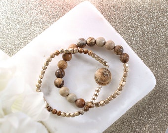 Set of 2 strand layering crystal natural stone beaded bracelet. Boho Gold dainty seed bead Gray Aqua Natural stone bracelet.