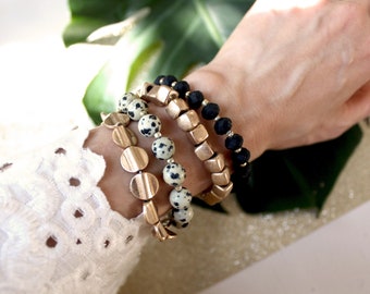 Set of 4 strand layering crystal natural stone beaded bracelet. Boho Gold disk beads bracelet.Hippie black damatian stone bracelet.