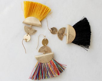 Gold tassel earrings ~ wooden geometric fringe earrings ~ modern jewellery ~ birthday gifts for women ~ half moon dangle earrings