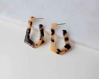 pentagon hoop earring tortoise hoop earring tan acetate hoop earring long pentagon shape earring