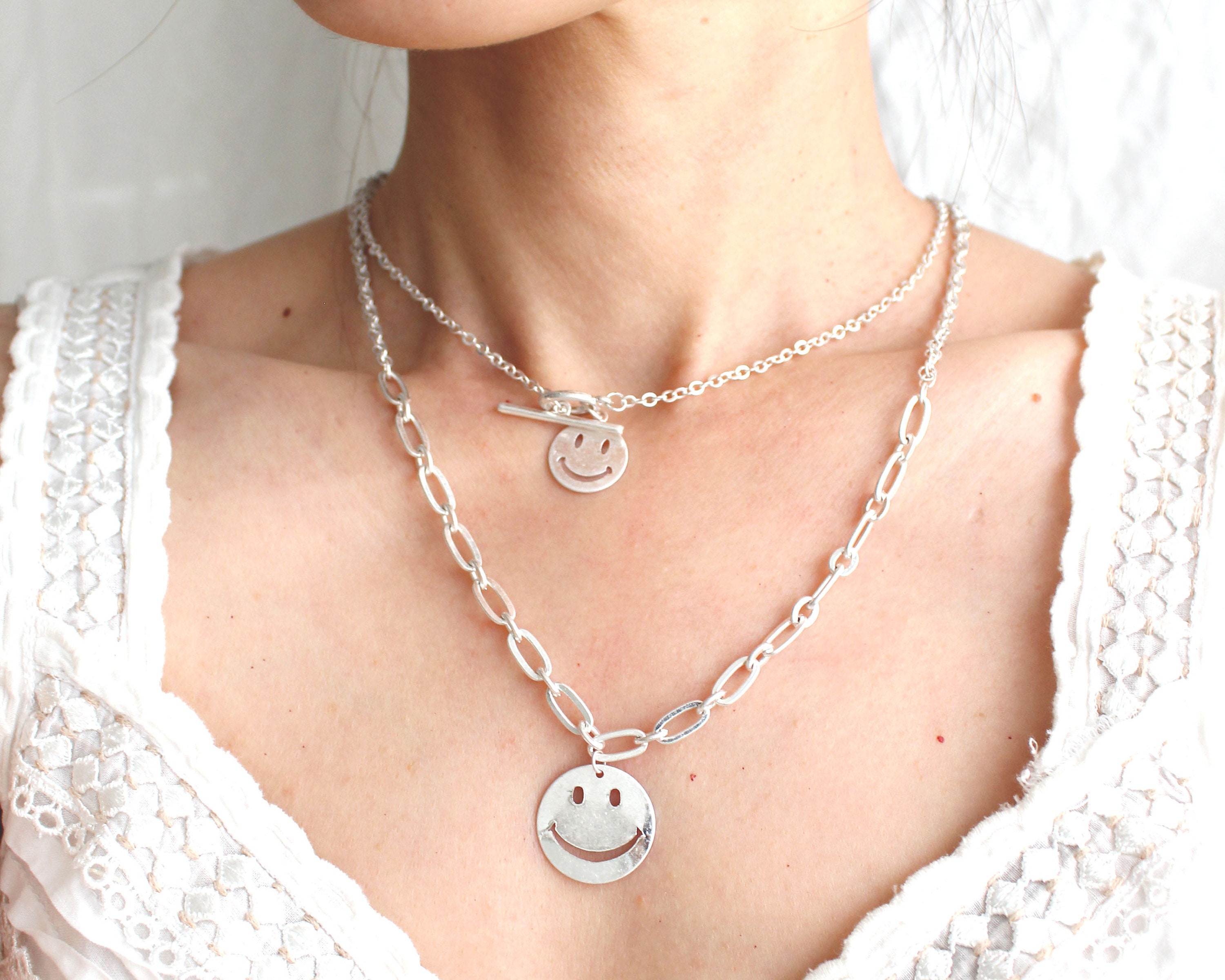 Smiley face Pendant layering necklace. Brushed Gold Silver Etsy