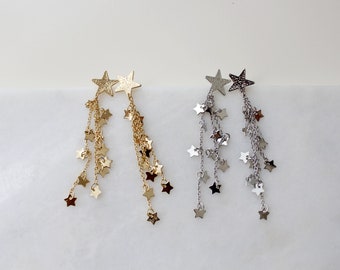 Shooting Star Earrings,Celestial Dangle Earrings.Star cascade, Star fall earring.Gold starry. Tiny sparkling little stars.