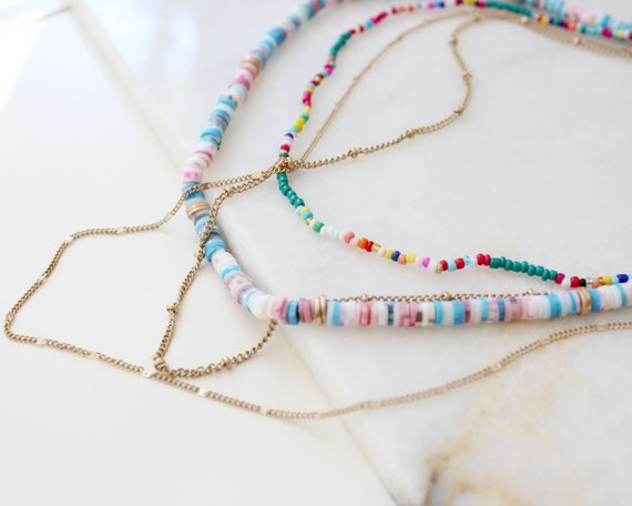 Multi Strand Surfer Heishi Beads Necklace.beach Party Beads Chain