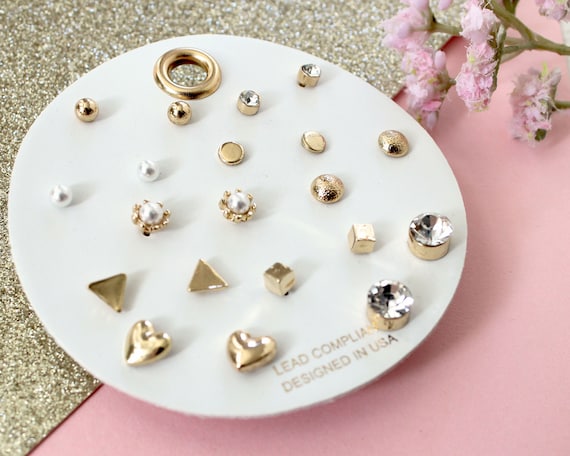 Set of 10 Dainty Minimalist Multi Stud Earring Set heart Cube