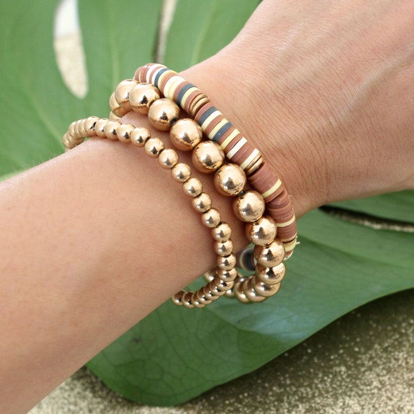 Layering Gold Bead Bracelet Set, Brown Heishi Beads, Polymer Clay Jewelry