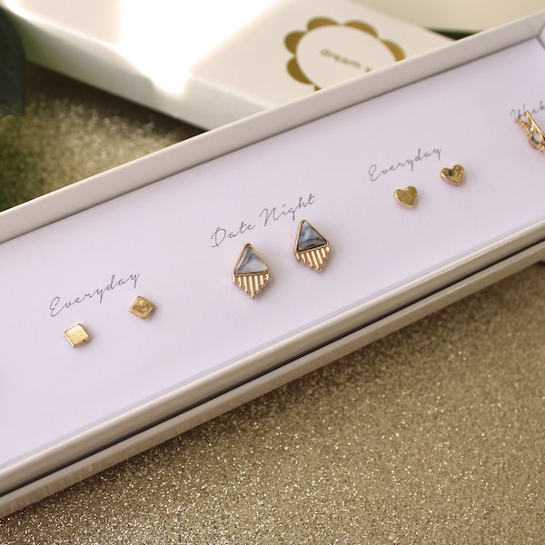 Gold Plated Earring Gift Set: Opal, Heart, Triangle Studs, 5 Pairs