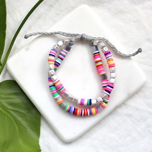 Heishi Surfer bracelet. 2strand leather pulltie rainbow beads bracelet. rainbow polymer beads bracelet. Multi color rubber beads bracelet.