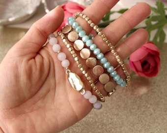 Set of 5 strand layering crystal natural stone beaded bracelet. Boho Gold Silver dainty disk beads bracelet. Rosequartz Marble bracelet.