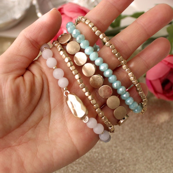 Set of 5 strand layering crystal natural stone beaded bracelet. Boho Gold Silver dainty disk beads bracelet. Rosequartz Marble bracelet.