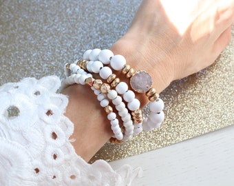 White Boho,hippie layering multi beads bracelet set/wood beads, agate gemstone charm, gold dainty disk pisa beads bracelet/Gift for her