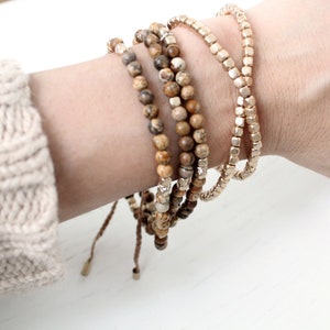 3 strand natural dainty beaded pulltie bracelet. natural sophisticated gemstone gold beads Boho Hippie surfer layering beads bracelet