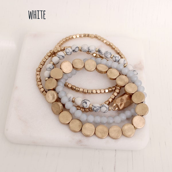 5strand layering stackable crystal natural stone beaded bracelet.Boho hippie gold dainty disk beads bracelet. silver rosequartz aqua stone.