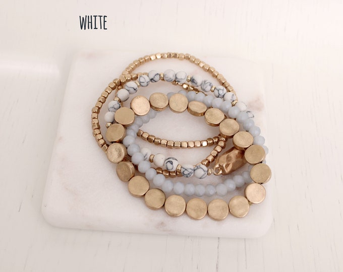 5strand layering stackable crystal natural stone beaded bracelet.Boho hippie gold dainty disk beads bracelet. silver rosequartz aqua stone.