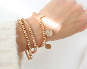 Set of 3 rhinestone coin charm gemstone dainty gold multi beaded elastic bracelet. rose quartz gold beads layering stackable beads bracelet