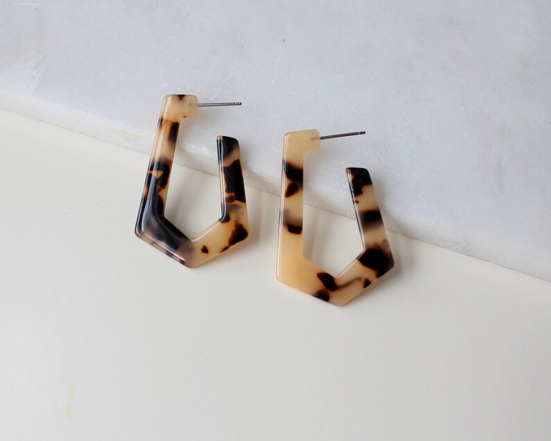 pentagon hoop earring tortoise hoop earring tan acetate hoop earring long pentagon shape earring