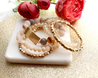 5 stack layering Natural Crystal Rosequartz Gemstone Beaded Bracelet/Gold bar, Dainty Pisa beads bracelet/Christmas birthday gift for her