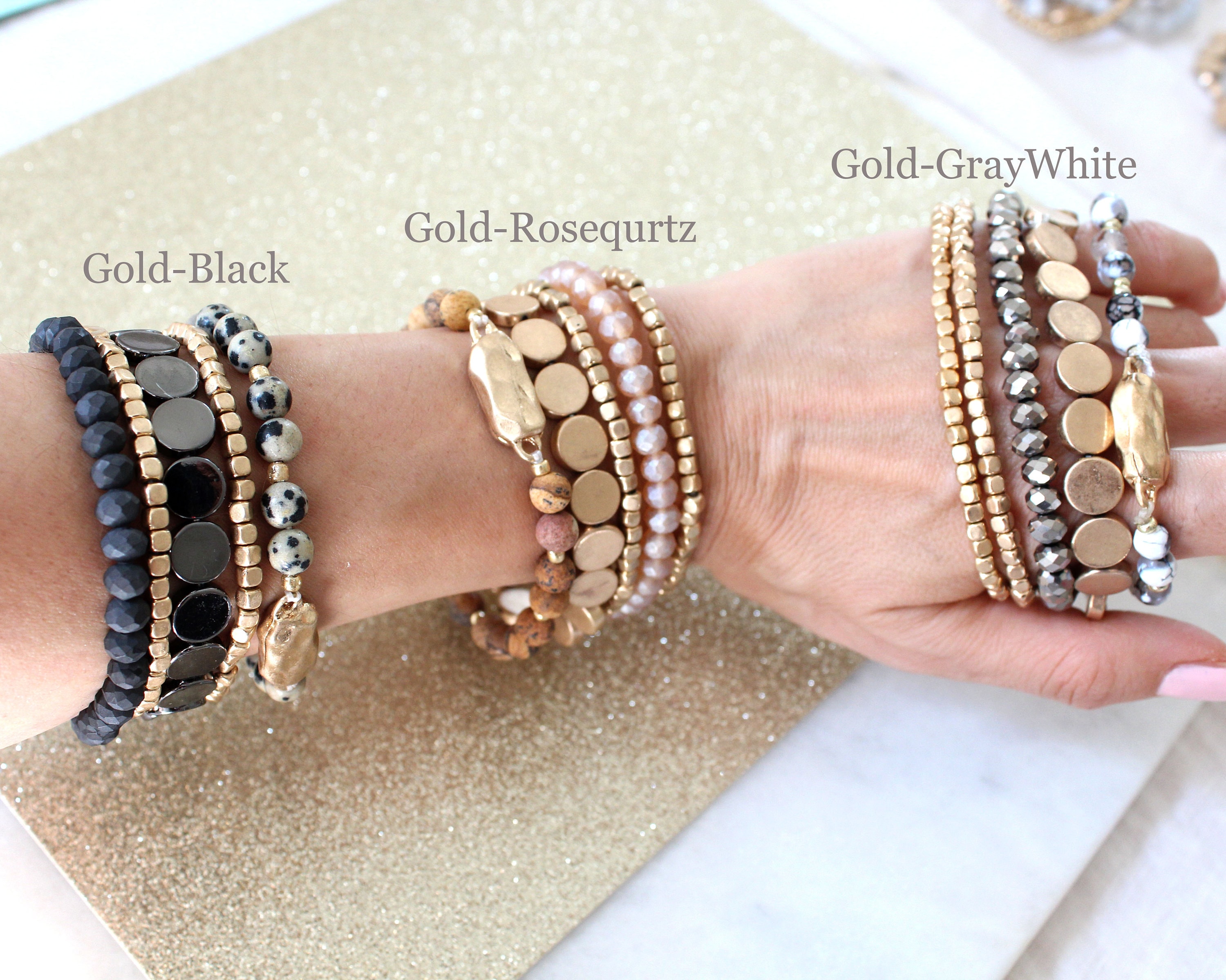 Set of 5 Strand Layering Crystal Natural Stone Beaded