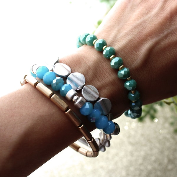 Crystal Beaded Bracelet Set, Boho Layering Stacking 4-Strand
