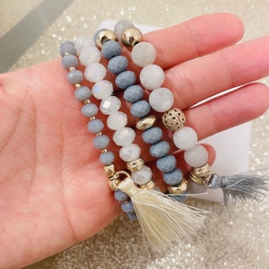 Set of 4 strand layering crystal natural rose quartz stone beaded bracelet. Boho Gold subtle disk beads bracelet.Hippie tassel bracelet image 6