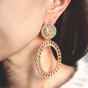 Gold medallion coin earring, rope chain drop earring, chunky chain drop earring, gold hoop drop dangle hoop earring gold coin stud earring