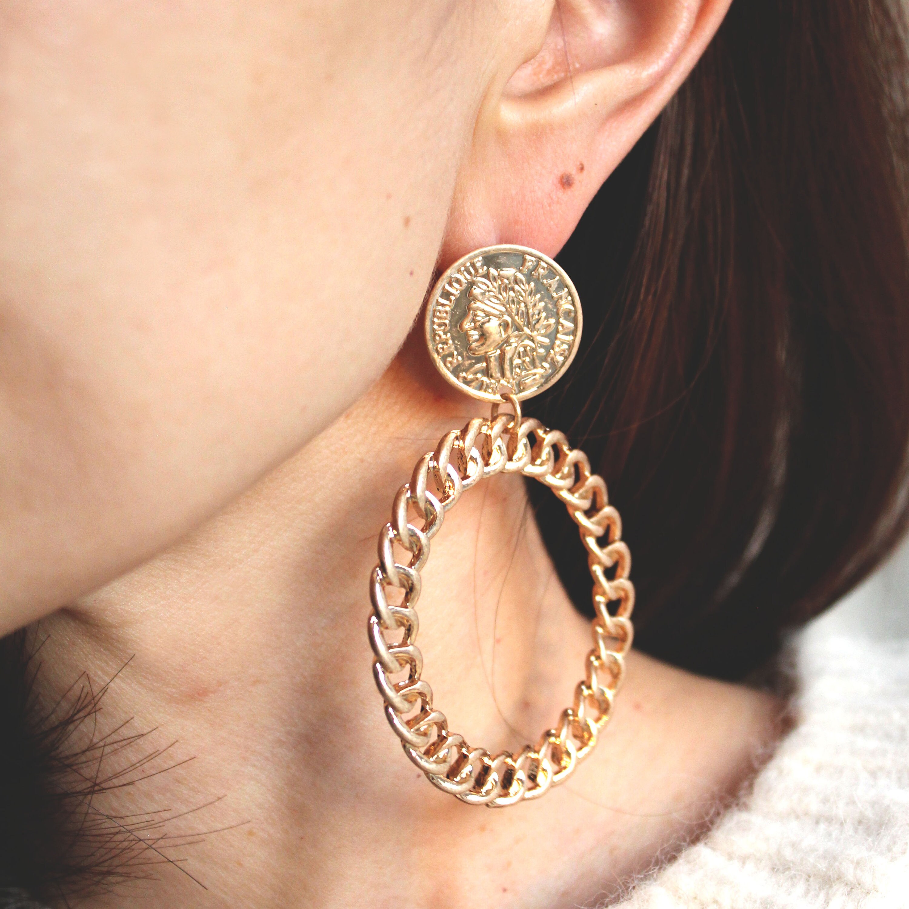 Gold medallion coin earring rope chain drop earring chunky Etsy