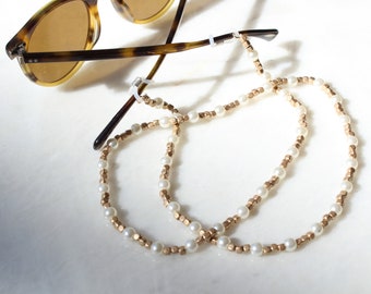 pearl glasses, mask chain. Gold beads glasses chain.Sophisticated sunglasses chain necklace. Boho pearl and gold beads sunglasses chain