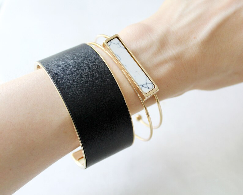 Simple cuff bracelet.Minimalist modern cuff bracelet.layering-stacking cuff Gold minimalist cuff Modern black leather cuff bracelet