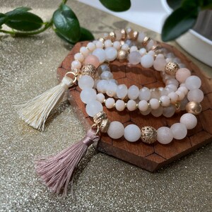 Set of 4 strand layering crystal natural rose quartz stone beaded bracelet. Boho Gold subtle disk beads bracelet.Hippie tassel bracelet image 4