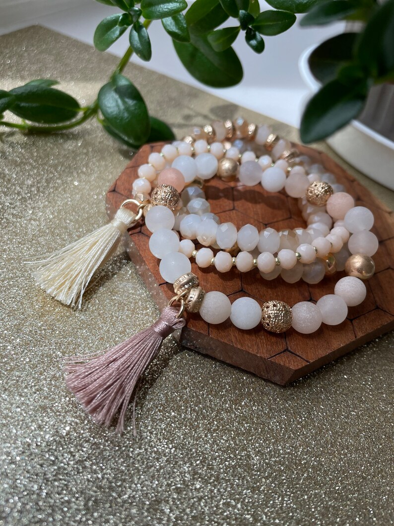 Set of 4 strand layering crystal natural rose quartz stone beaded bracelet. Boho Gold subtle disk beads bracelet.Hippie tassel bracelet image 4