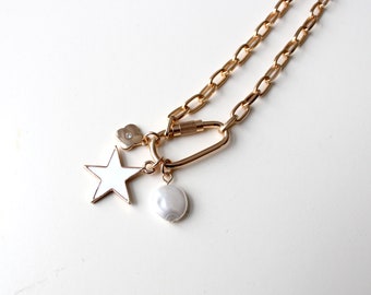 Gold Plated Carabiner Charm Necklace, Chunky Paperclip Chain