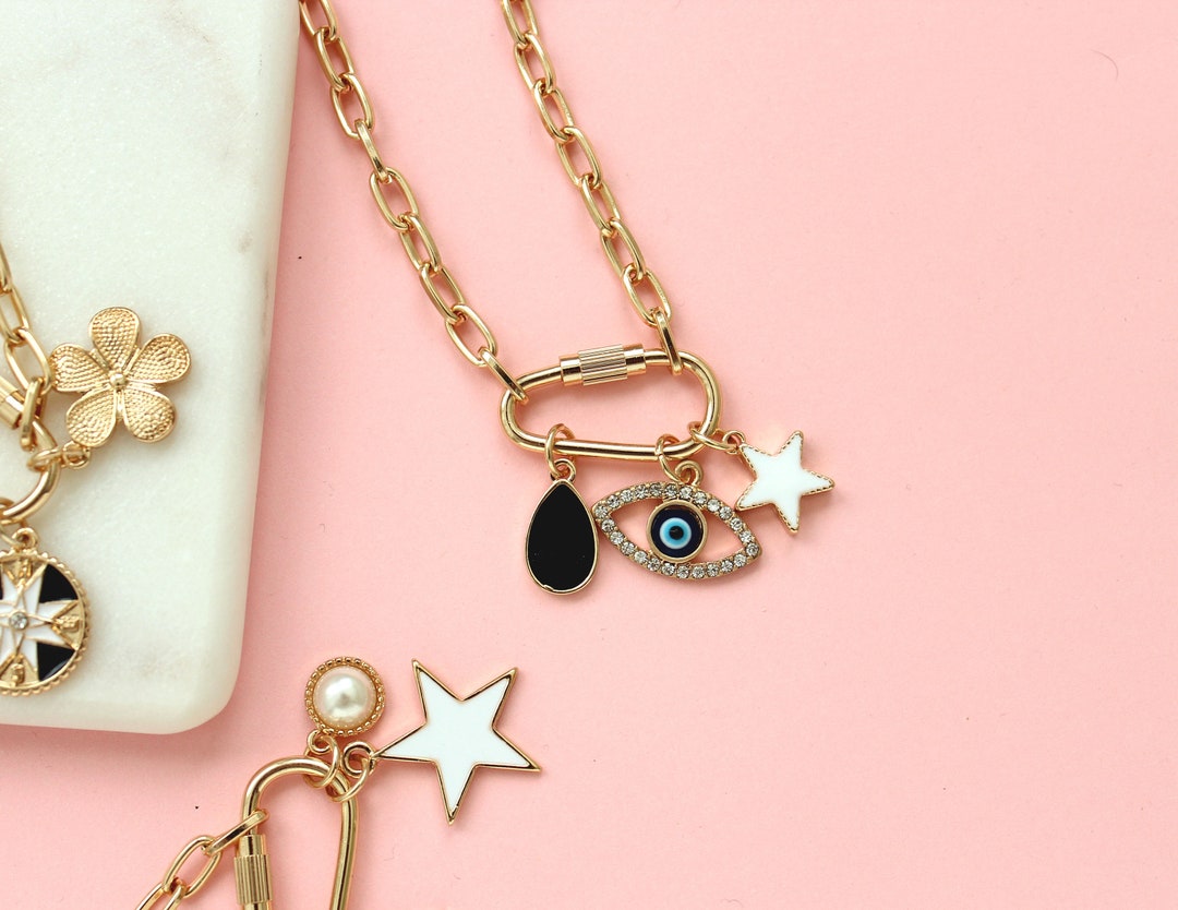 Blue Eyes Charm Gold Carabiner Necklace,gold Lock Necklace Chunky Charm