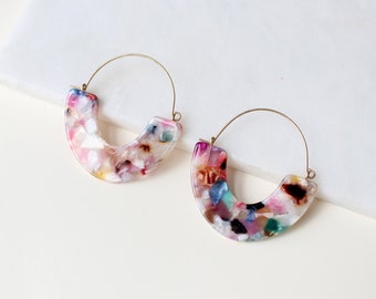 multi color acetate hoop earring, confetti tortoise hoop earring ,