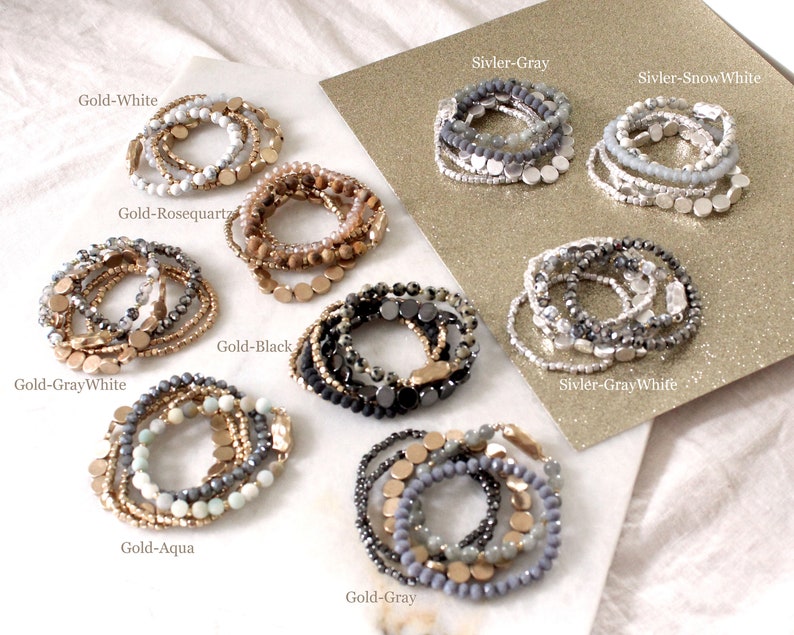 Set of 5 strand layering crystal natural stone beaded bracelet. Boho Gold Silver dainty disk beads bracelet. Rosequartz Marble bracelet. zdjęcie 9