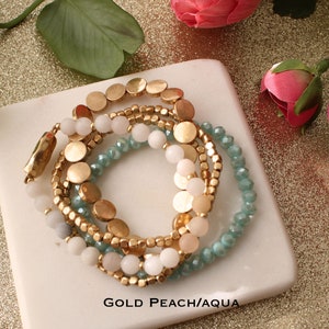 Set of 5 strand layering crystal natural stone beaded bracelet. Boho Gold Silver dainty disk beads bracelet. Rosequartz Marble bracelet. image 2