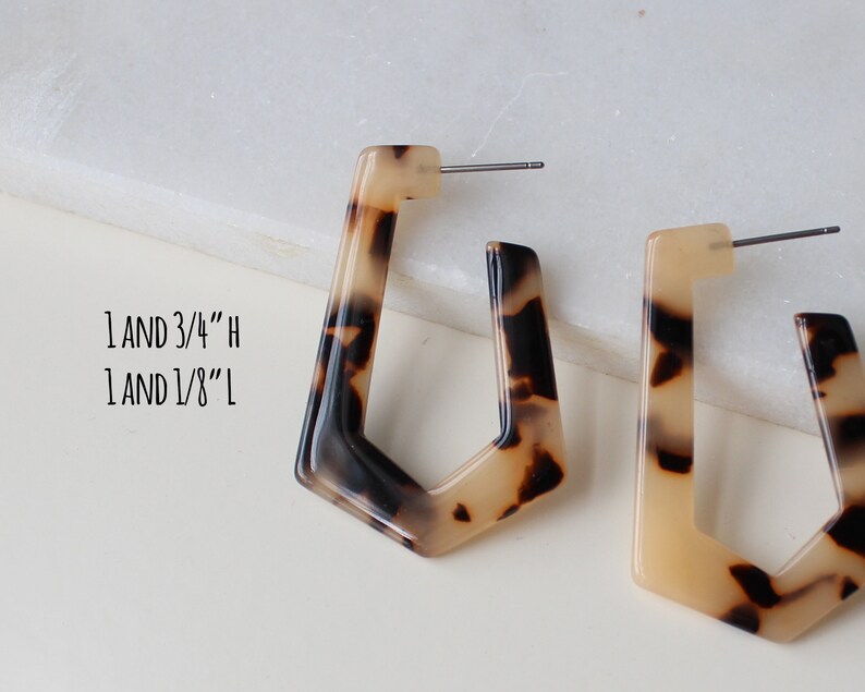 pentagon hoop earring tortoise hoop earring tan acetate hoop earring long pentagon shape earring