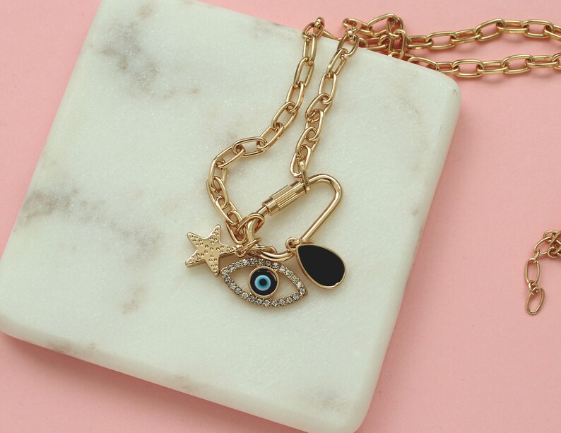 Blue Eyes Charm Gold Carabiner Necklacegold Lock Necklace Etsy