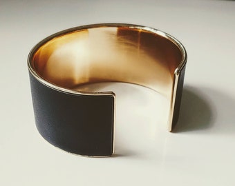 Modern black leather cuff bracelet. Gold minimalist cuff. Simple cuff bracelet.Minimalist modern cuff bracelet.layering-stacking cuff