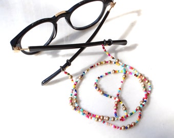 ethnic multi beads sunglasses chain.Rainbow beaded glasses necklace. Boho subtle sunglasses chain.