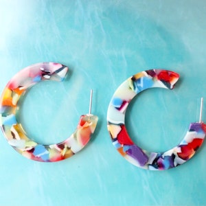 Confetti Acetate Hoop Earrings, Rainbow Tortoise Shell Design