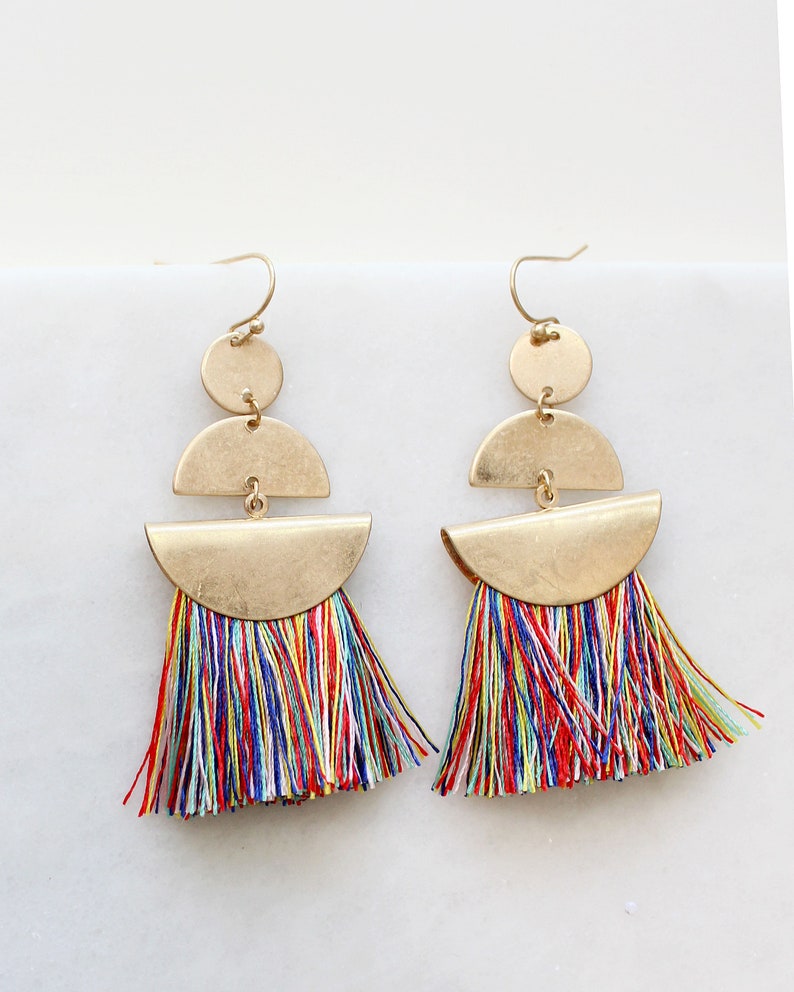 Ethnic tassel earring Boho Hippie Tassel earrings,Geometric dangle earrings,Fringe earrings,Statement earrings,Fan tassel earrings