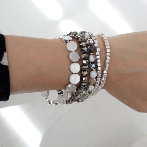 5strand layering stackable crystal natural stone beaded bracelet.Boho hippie gold dainty disk beads bracelet. silver rosequartz aqua stone.