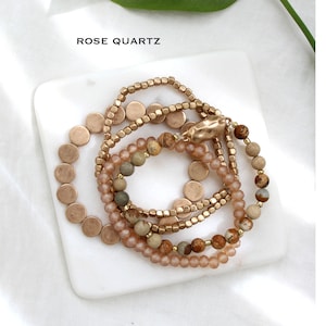 Set of 5 strand layering crystal natural stone beaded bracelet. Boho Gold Silver dainty disk beads bracelet. Rosequartz Marble bracelet. image 7