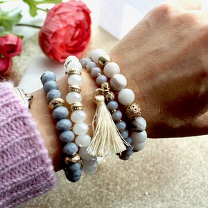 Set of 4 strand layering crystal natural rose quartz stone beaded bracelet. Boho Gold subtle disk beads bracelet.Hippie tassel bracelet image 8