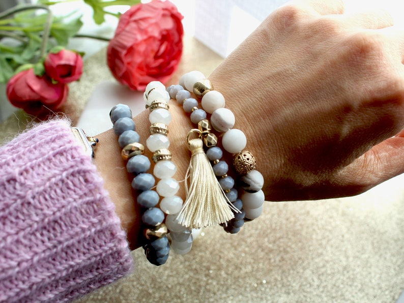 Set of 4 strand layering crystal natural rose quartz stone beaded bracelet. Boho Gold subtle disk beads bracelet.Hippie tassel bracelet image 8