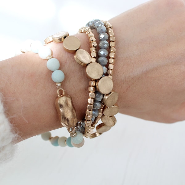Beaded Layering Bracelet Set, Boho Stone & Gold Disk Style