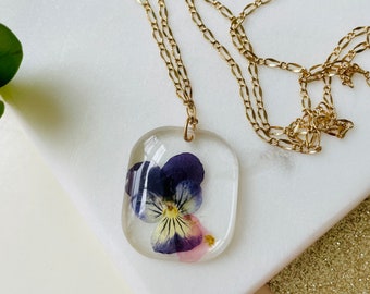 Gold Pressed Flower Necklace | Dried Purple Wild  Flower Jewelry | Real Flower Gold Pendant Necklace |  Necklace | Bridesmaid Jewelry